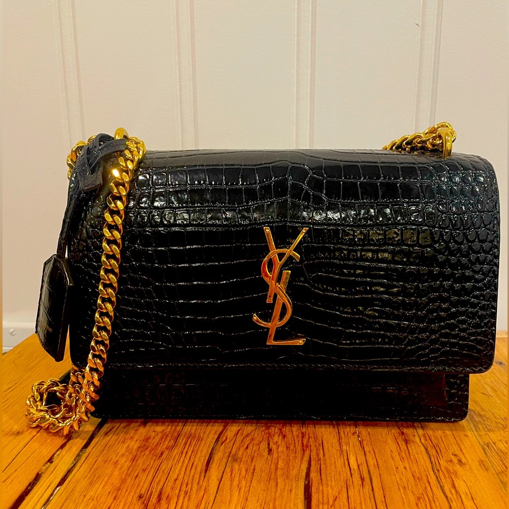 AUTHENTIC SAINT LAURENT SUNSET MEDIUM IN BLACK CROCODILE EMBOSSED SHINY LEATHER